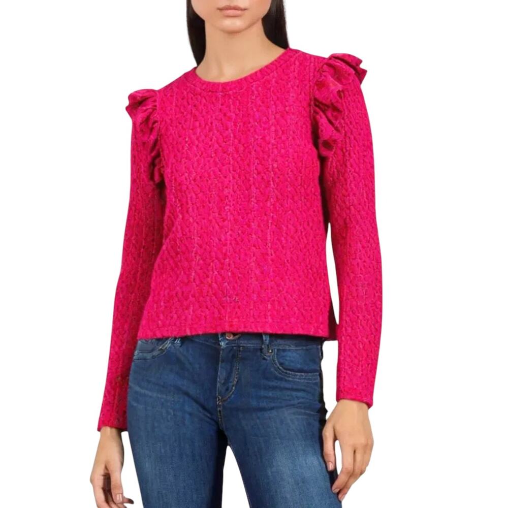 Zara Sweater Ruffle Shoulder Women M Pink Textured Knit Crew neck Pullover